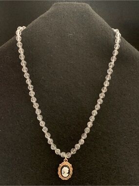 Vintage-Inspired Clear Bead Necklace with Cameo Pendant
